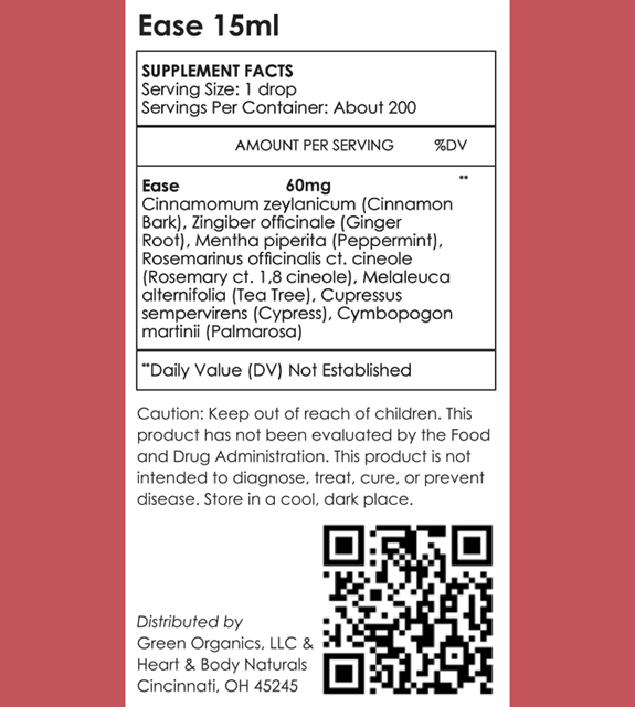 Ease Essential Oil Blend Back Label