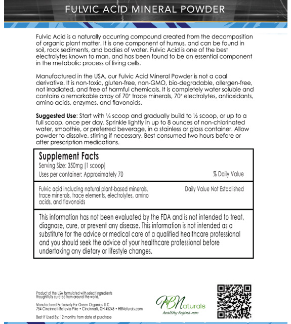 Fulvic Acid Mineral Powder Back Label