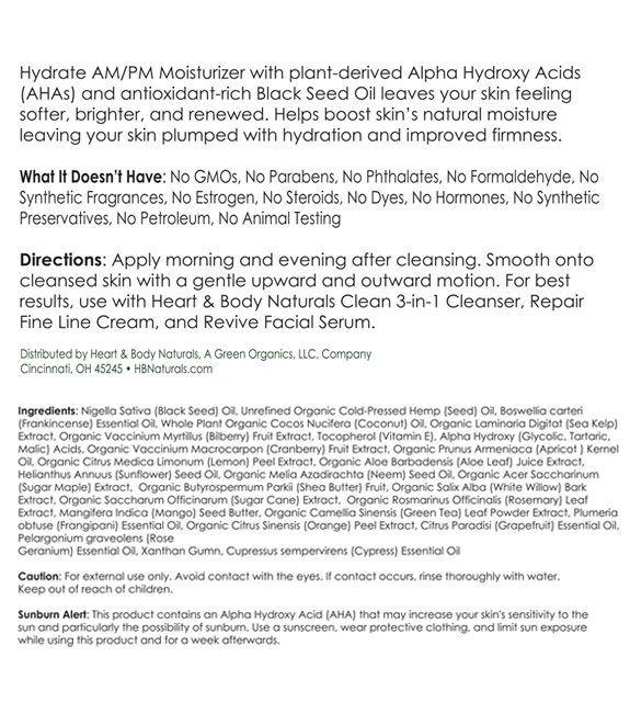 Hydrate Moisturizer Back Label